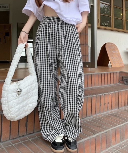 パンツ ギンガムチェック柄タックワイドパンツ レディース : ZOZOTOWN