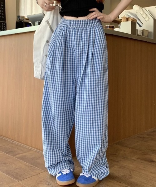 パンツ ギンガムチェック柄タックワイドパンツ レディース : ZOZOTOWN