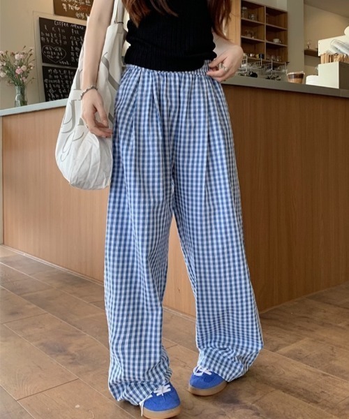 パンツ ギンガムチェック柄タックワイドパンツ レディース : ZOZOTOWN