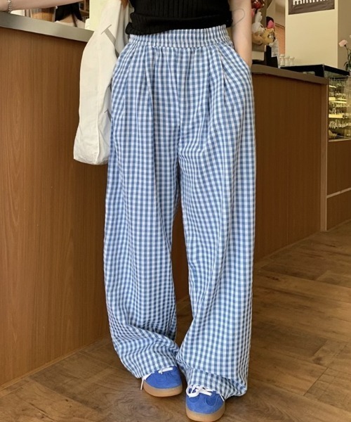 パンツ ギンガムチェック柄タックワイドパンツ レディース : ZOZOTOWN
