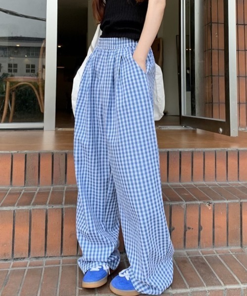 【nyanto】　2点おまとめ買いギンガムチェックストレートパンツ ワイドパンツ パンツ ギンガムチェック柄タックワイドパンツ