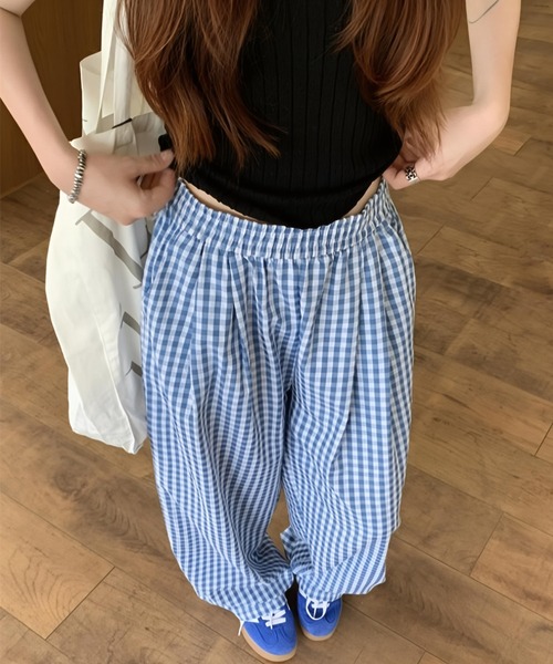 パンツ ギンガムチェック柄タックワイドパンツ レディース : ZOZOTOWN