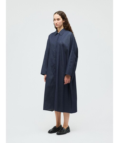 ポポ 　mizuiroind シャツワンピース　Aライン　ノーカラーシャツ mizuiroind（ミズイロインド） ワンピース デニムワイドシャツ