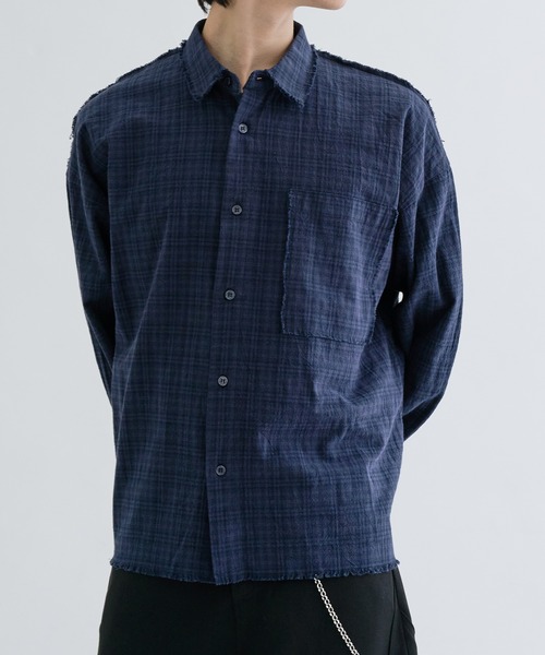 【NAMACHEKO】2019AW FRINGE SHIRT シャツ ネイビー シャツ Fringe check shirts / フリンジチェックシャツ メンズ