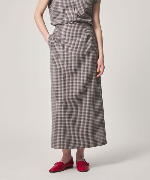 【美品】  steven alan / スティーブンアラン | セットアップ クレープ チェック シャツ ブラウス / スリット スカート 裏地付き | S | カーキ系 | レディース 美品】 steven alan / スティーブンアラン | セットアップ クレープ