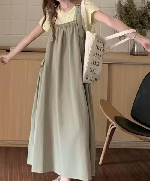 ワンピース 調整可能ストラップ サロペットワンピース ギャザーマキシ