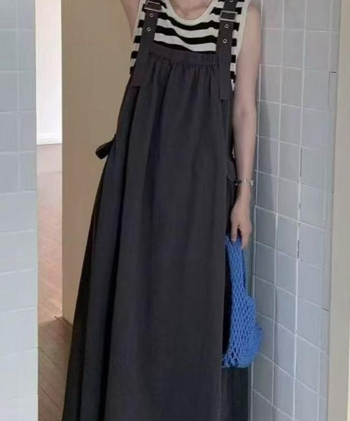 ワンピース 調整可能ストラップ サロペットワンピース ギャザーマキシ 
