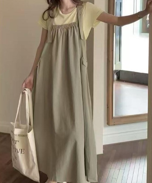 ワンピース 調整可能ストラップ サロペットワンピース ギャザーマキシ 