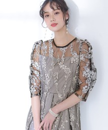 パーティドレス　婚礼用　同窓会　成人式　結婚式　レース　綺麗め PourVous ドレス 七分袖＆ミモレ丈 パーティードレス フラワー