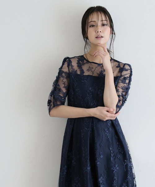 【新品】PourVous パーティードレス ワンピース 結婚式 レース ネイビー PourVous（プールヴー） パーティードレス ドレス 七分袖＆ミモレ丈