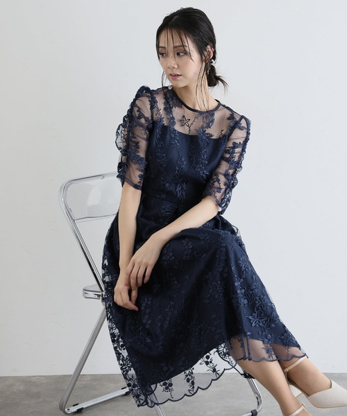 PourVous パーティードレス M 結婚式 お呼ばれ レース フォーマル PourVous（プールヴー） パーティードレス ドレス 七分袖＆ミモレ丈