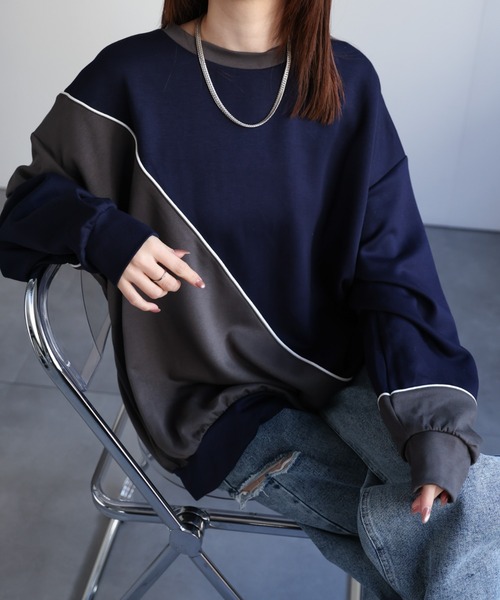 トレーナー スウェット ダンボール オーバーサイズ ライン 配色切替 プロオーバー「ユニセックス」 メンズ レディース | CREARE -LINO- | 14