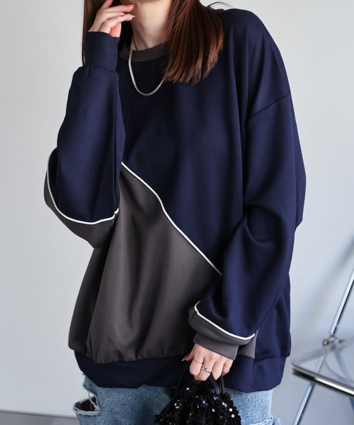 トレーナー スウェット ダンボール オーバーサイズ ライン 配色切替 プロオーバー「ユニセックス」 メンズ レディース | CREARE -LINO- | 13