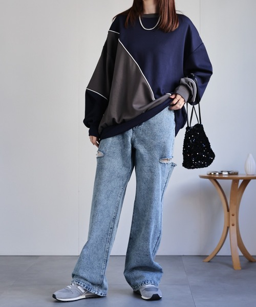 トレーナー スウェット ダンボール オーバーサイズ ライン 配色切替 プロオーバー「ユニセックス」 メンズ レディース | CREARE -LINO- | 17