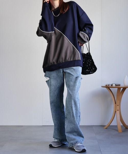 トレーナー スウェット ダンボール オーバーサイズ ライン 配色切替 プロオーバー「ユニセックス」 メンズ レディース | CREARE -LINO- | 15