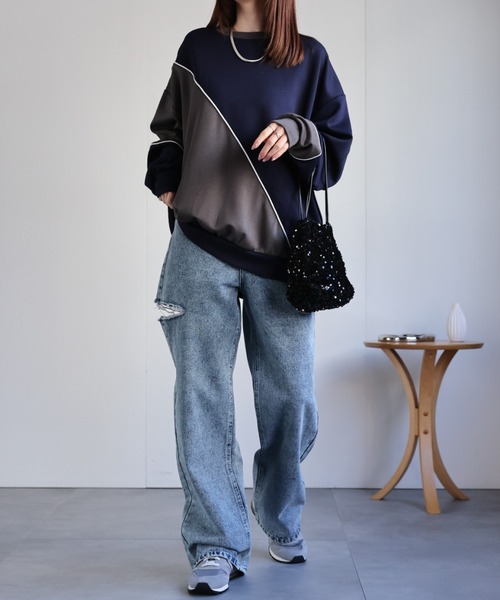 トレーナー スウェット ダンボール オーバーサイズ ライン 配色切替 プロオーバー「ユニセックス」 メンズ レディース | CREARE -LINO- | 09