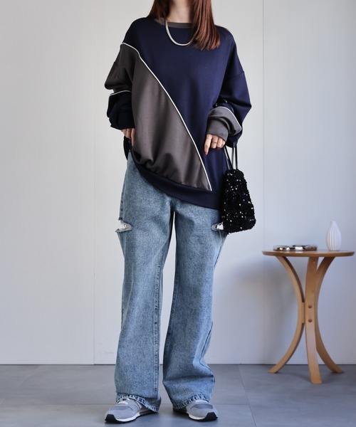 トレーナー スウェット ダンボール オーバーサイズ ライン 配色切替 プロオーバー「ユニセックス」 メンズ レディース | CREARE -LINO- | 12