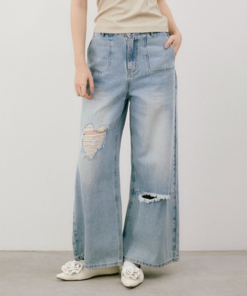パンツ andwang damaged heart key denim ジーンズ デニム デニムパンツ heart damage denim/ハートダメージ