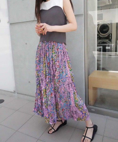 cornet様 花柄ストライプロングスカート CORNERS スカート エスニック花柄ロングスカート : ZOZOTOWN