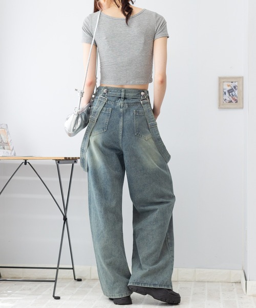 センソユニコ　サスペンダー付きワイドレッグデニムパンツ（日本製） レディース 13ozストレッチワイドジーンズ サスペンダー付き