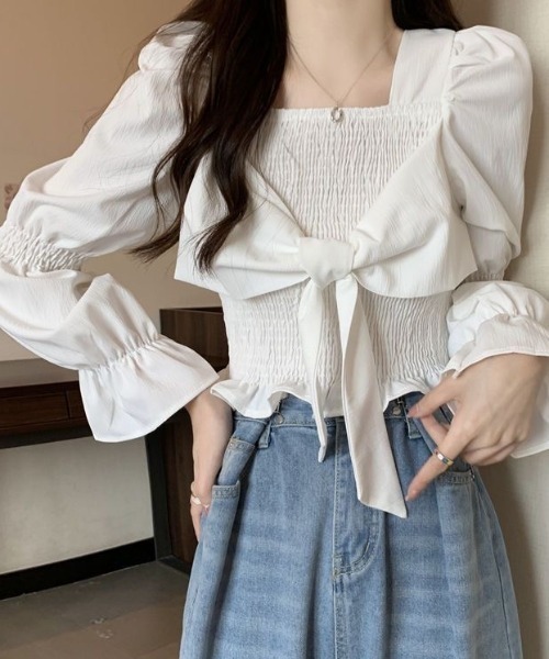 Achic tシャツ スクエアネック胸リボンブラウス レディース