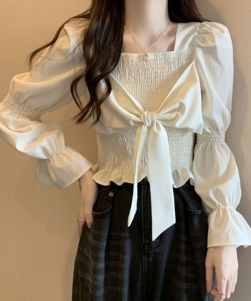 Achic tシャツ スクエアネック胸リボンブラウス レディース