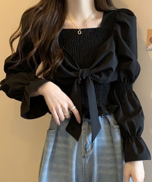 Achic tシャツ スクエアネック胸リボンブラウス レディース