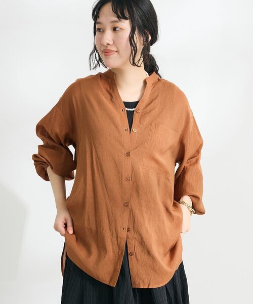 美品♪ティッカ スキッパーカラー 長袖ブラウス ヘリンボーン キャメル ru4 美品♪ティッカ スキッパーカラー 長袖ブラウス ヘリンボーン