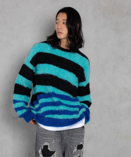 ADAMPATEK 毛足の長いシャギー糸 オーバーサイズ ボーダーニット セーター カジュアル きれいめ スタイル ルーズシルエット shaggy distorted stripes crew knit アダムパテック ap2421012 ADAM PATEK（アダムパテック） ニット セーター 「ADAMPATEK/アダム