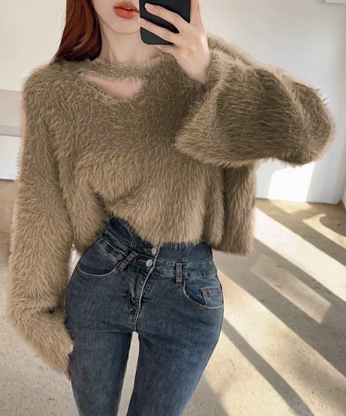 ニット セーター ミニシャギーVネッククロップドニット レディース miniministore ニット セーター クロップド丈シャギーニット V