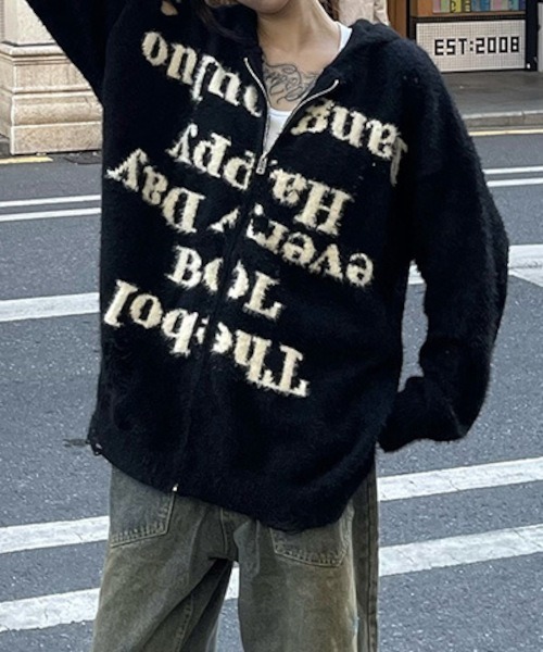 B.I.D. パーカー 「ダメージ加工ニットロゴジップルーズパーカー