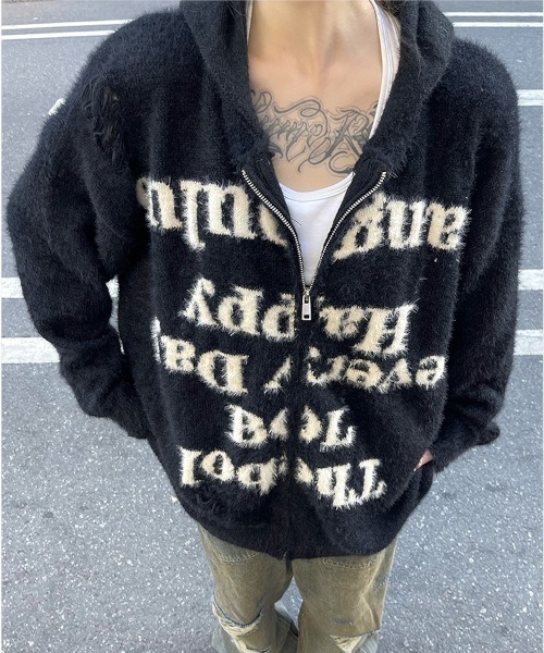 B.I.D. パーカー 「ダメージ加工ニットロゴジップルーズパーカー