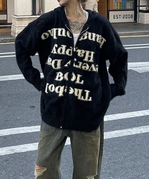 Y2K grunge damage ダメージパーカー！ B.I.D. パーカー 「ダメージ加工ニットロゴジップルーズパーカー
