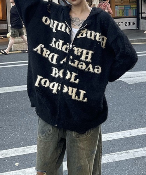 B.I.D. パーカー 「ダメージ加工ニットロゴジップルーズパーカー