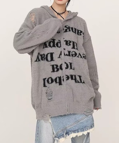 B.I.D. パーカー 「ダメージ加工ニットロゴジップルーズパーカー B.I.D. パーカー 「ダメージ加工ニットロゴジップルーズパーカー