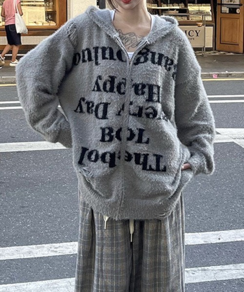 B.I.D. パーカー 「ダメージ加工ニットロゴジップルーズパーカー