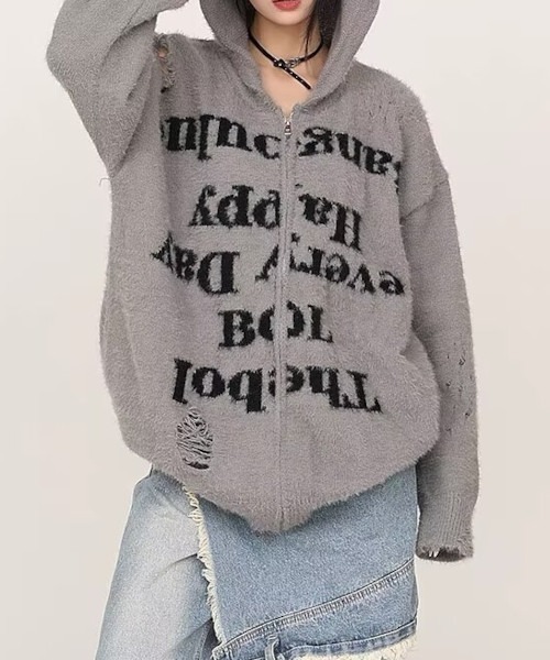 B.I.D. パーカー 「ダメージ加工ニットロゴジップルーズパーカー