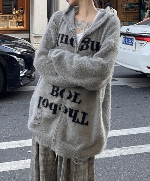 B.I.D. パーカー 「ダメージ加工ニットロゴジップルーズパーカー