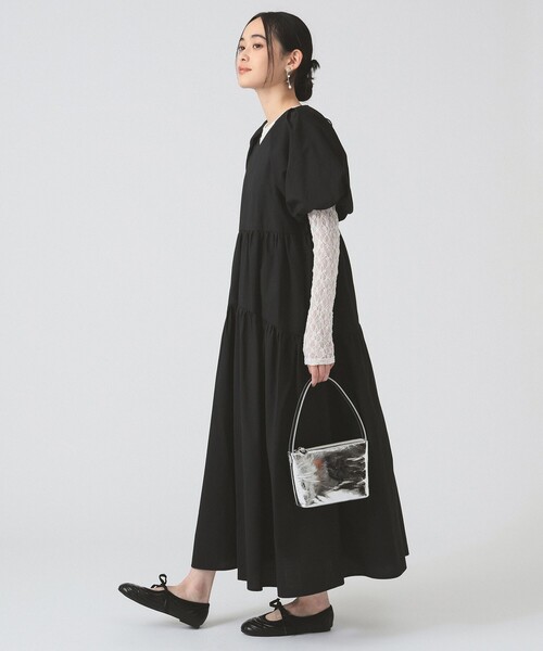ray beams パフスリーブ　半袖ワンピース ジャカード スクエアネック パフスリーブ ワンピース [手洗い可