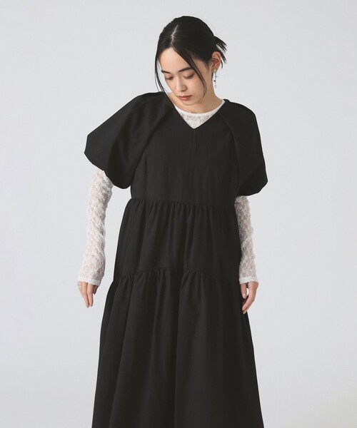 Ray BEAMS ワンピース サッカー パフスリーブ Vネック