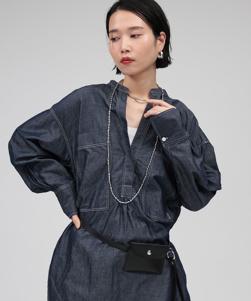 バビロン BABYLONE 25SS ポケットチュニックシャツ バンドカラー 長袖 F 白 ホワイト /AT ■OS レディース BABYLONE ブラウス シャツ ポケットチュニックシャツ レディース