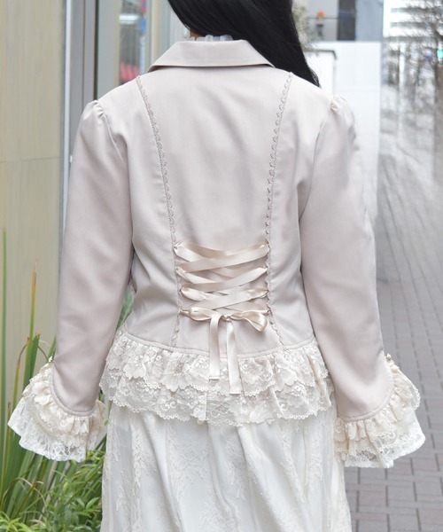 axes femme】ジャケット アウター ジップアップ 編み上げリボン レース axes femme ジャケット テーラードジャケット レースフリル編上