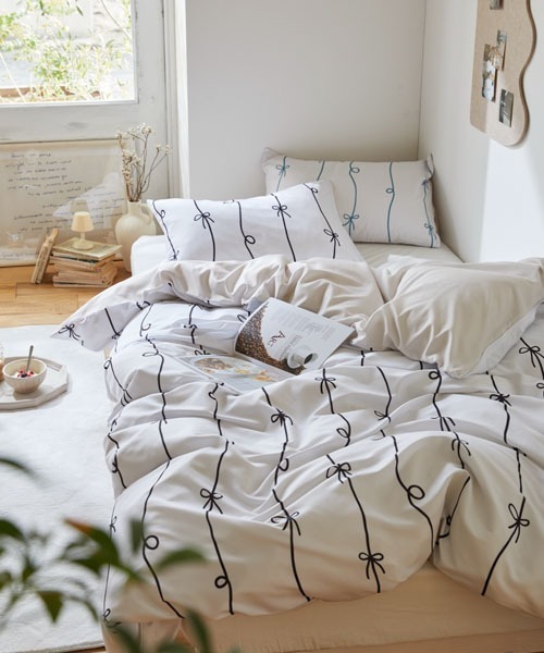 ベッド 寝具 布団カバーセット ストライプリボン柄 2点セット