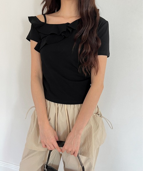 by muni:r tシャツ ワンショルダーフリルシャーリングカットソー
