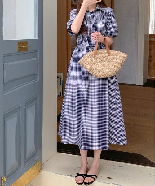 FINEnough ワンピース シャツ衿ヘンリーネックギンガムチェックロング
