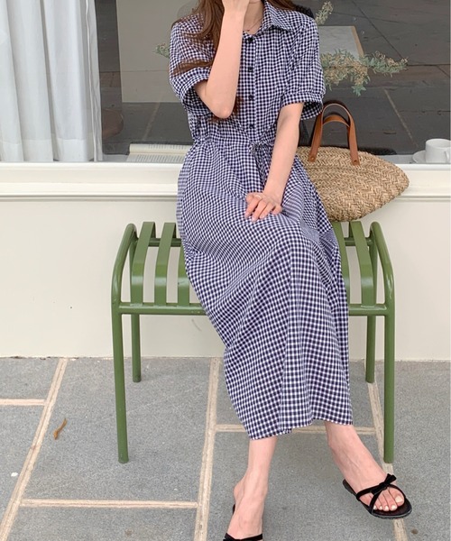 FINEnough ワンピース シャツ衿ヘンリーネックギンガムチェックロング