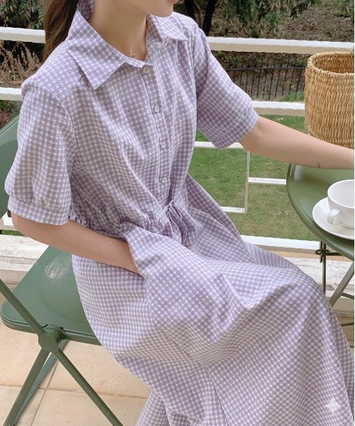 FINEnough ワンピース シャツ衿ヘンリーネックギンガムチェックロング