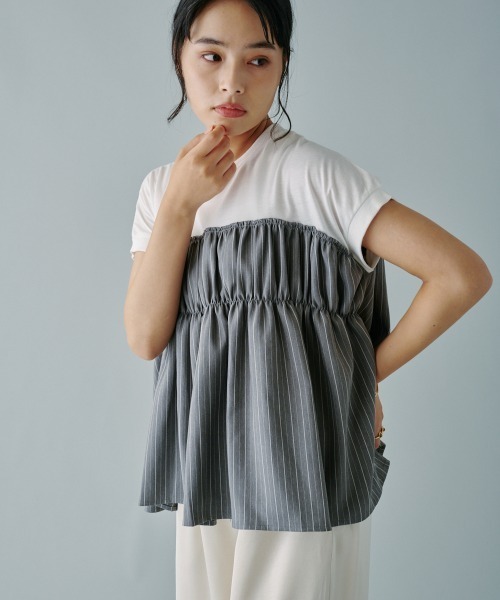tシャツ ヘリンボーンストライプドッキングプルオーバー レディース