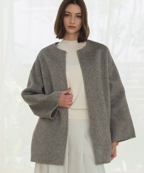 nume ツイードノーカラーコート Lサイズ ベージュ 花柄 ウール AMBIDEX Store ○ドット刺繍 ノーカラーコート(F チャ): l'atelier du