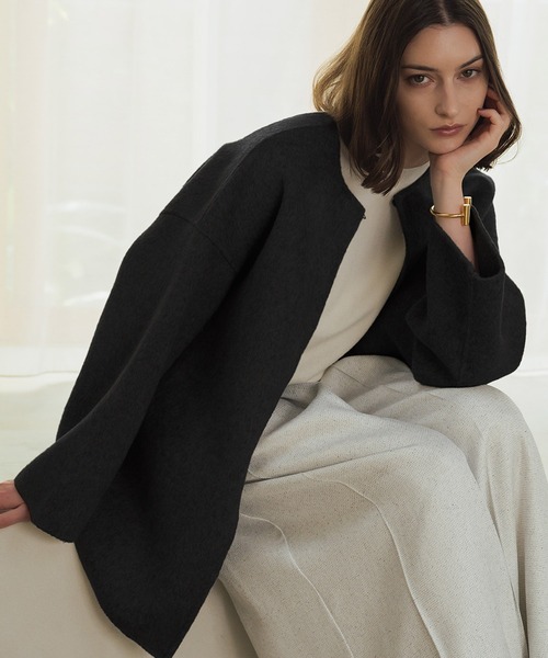 ELFRANK ノーカラーコート コート 「ウール100％」ノーカラー ミドル丈